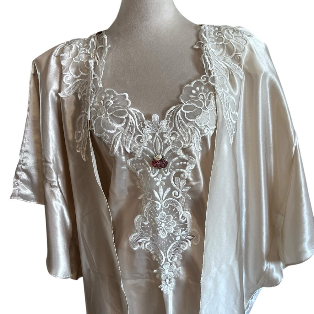 Early 90s Vintage California Dynasty Made in USA Satin Lace Slip & Robe Peignoir
